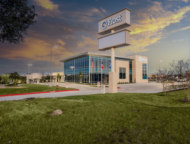 Frost Bank College Station exterior at dusk